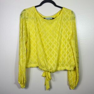 Vibrant Yellow Textured Sheer Sleeve Modern Chic Blouse